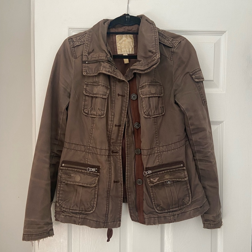 American Eagle Vintage Distressed Brown Utility Jacket with Removable Fur Collar